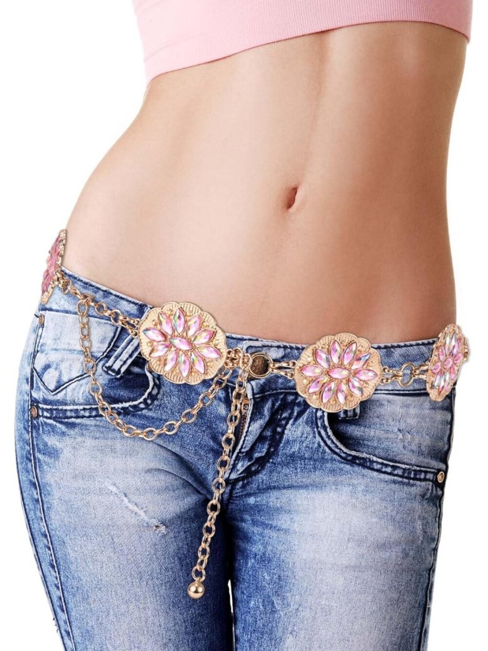 Concho Belt for Women, Bling Pink Rhinestone Western Cowgirl Waist Chain Belt Ad - Picture 6 of 7